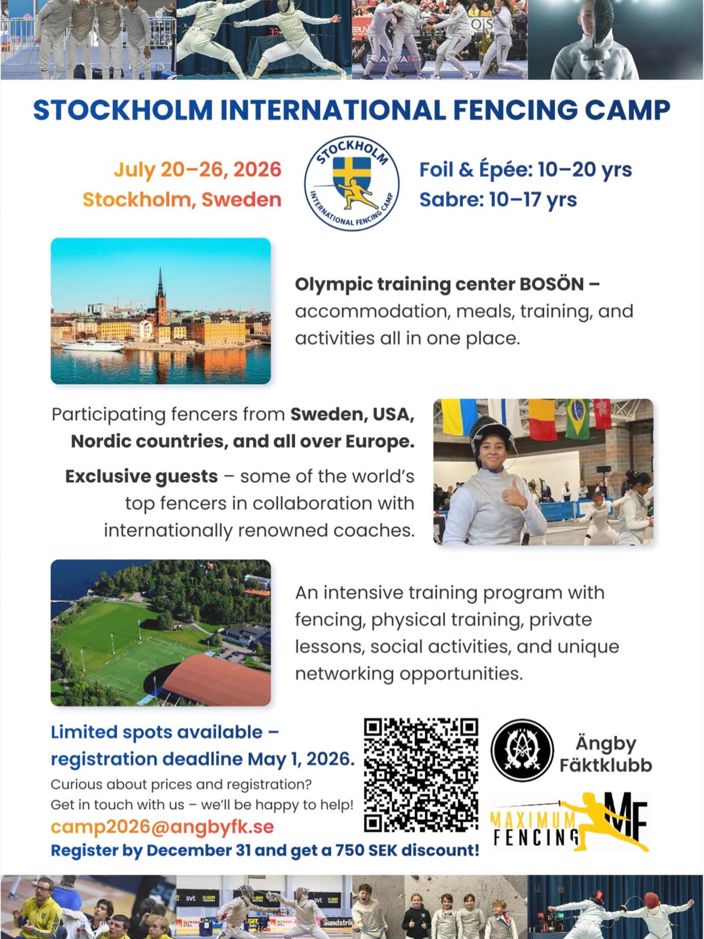 BREAKING NEWS!
In collaboration with @maximumfencing we are proud to present the first international fencing camp for all weapons in Stockholm. From the 20th of July till the 26th you can experience excellent sparring at Bosön - Sweden’s Olympic Training Centre. The camp offers top coaching, world-class facilities and the perfect mix of sport and summer activities in the stunning Stockholm archipelago.
To sign up you can go to our website angbyfk.se or use the link in our bio. Register before December 31st and get a 750 sek discount (aprox. 70€). Last registration date is May 1st.
Hope we’ll see you there.
If you have further questions see picture above, look on our website or contact us via email: camp2026@angbyfk.se